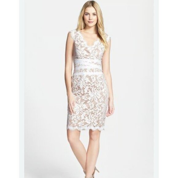 NWT TADASHI SHOJI Embroidered Lace V-neck Sheath in Ivory Nude Dress 12P - Picture 1 of 8